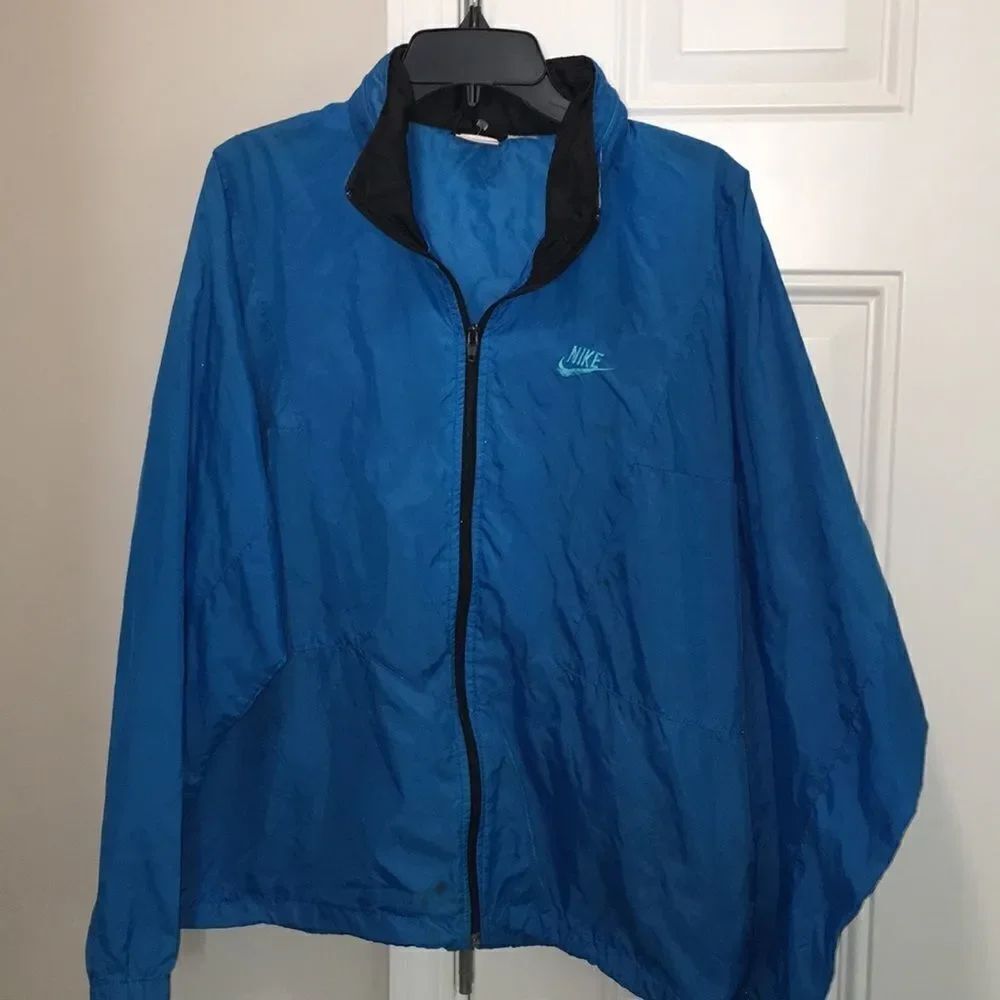 Vintage Blue Nike Retro Style Track Suit Jacket Shell w/ Collar Hood Old School